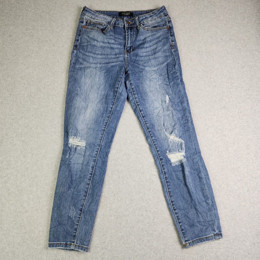 Judy Blue Jeans Women 30 Blue Denim Medium Wash Stretch Relaxed Fit Distressed‎